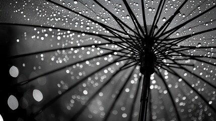 Close-up of raindrops on a black umbrella.
