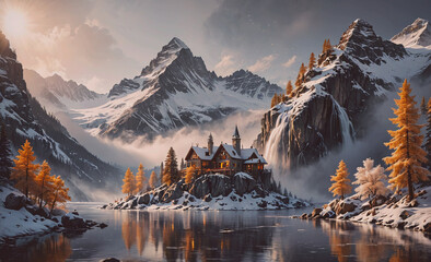 Fototapete - A mountain range with a small village in the middle. The village is surrounded by snow and trees