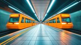 Orange subway train arriving at platform, city transport, motion blur, futuristic station