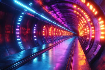 Wall Mural - abstract speed tunnel with electric blue and purple neon lights, dynamic motion trails, futuristic e