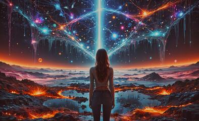 Wall Mural - a woman stands in front of a large, colorful, and abstract painting of a woman. the painting is fill