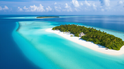 Wall Mural - Aerial view of a tropical island with turquoise waters, white sandy beaches, and dense greenery in the Maldives.
