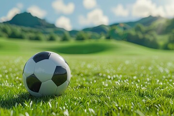 Vibrant Color Picture of Soccer Ball is Sitting on Green Field