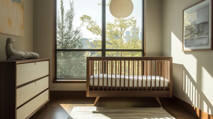 Poster - Nursery Room with Crib, Dresser, and City View