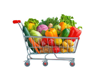 supermarket shopping cart full of groceries on white background.