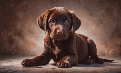 A brown puppy is laying on the ground with its eyes closed. The puppy is looking at the camera with a curious expression