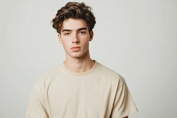 A handsome young man with short hair and blue eyes is wearing a beige t-shirt. He is standing and smiling, isolated against a white background, making direct eye contact with the camera