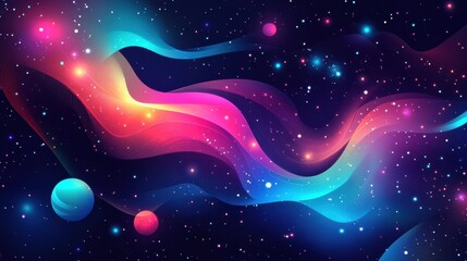 Poster - Colorful galaxy showcases swirling nebula with glowing planets against a starry backdrop. Generative AI