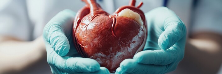 Poster - Realistic anatomical heart carefully held in gloved hands during a medical demonstration. Generative AI