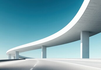 Wall Mural - Modern Architecture: Curved Concrete Bridge Against Clear Blue Sky with Minimalist Design Elements and Open Road, Symbolizing Freedom and Connectivity in Urban Landscapes