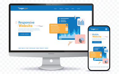 Wall Mural - responsive web design with desktop computer screen and mobile phone vector illustration on transpare