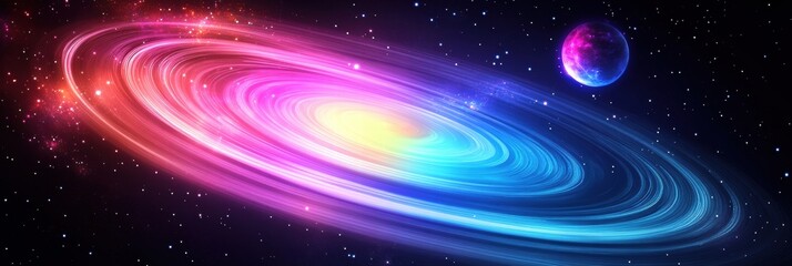 Poster - Colorful galaxy with nebula and glowing planets swirling across the night sky. Generative AI