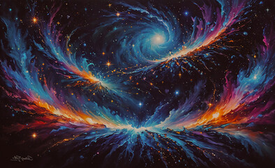 Wall Mural - A painting of a galaxy with a spiral in the middle. The colors are bright and vibrant, giving the impression of a lively and energetic scene. The painting captures the beauty and wonder of the