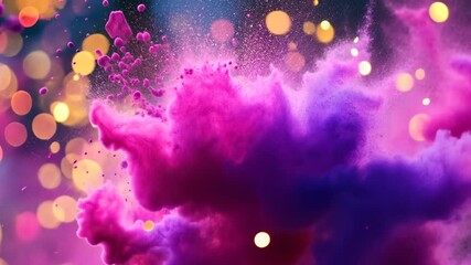 Colorful cloud of purple and pink vapor with shimmering golden particles floating in a dark space