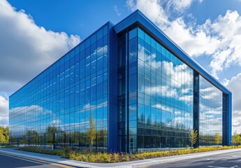 Wall Mural - Modern Glass Office Building with Reflective Facade Surrounded by Greenery Under a Bright Blue Sky Showcasing Contemporary Architecture and Urban Design Elements