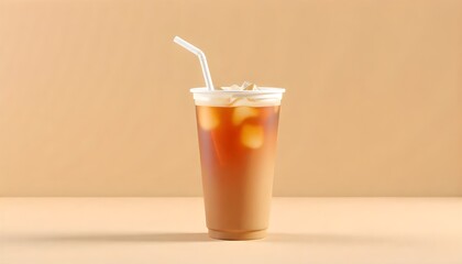 Leinwandbilder - A cup mockup of cold coffee filled with ice cubes and a straw, set against an aesthetic beige background