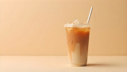 Leinwandbilder - A cup mockup of cold coffee filled with ice cubes and a straw, set against an aesthetic beige background