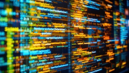 digital code scrolling on screen, tech background, software development