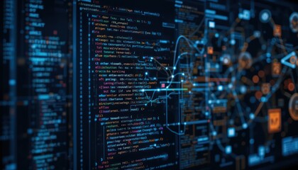 Coding, data visualization, screen, network,  program, background, technology, software, development, future