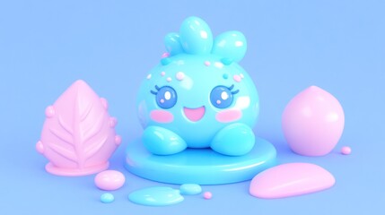 Poster - Cute light blue cartoon creature with pink accents sits on a pedestal, surrounded by pastel-colored objects like leaves and ovals. 3D rendering.