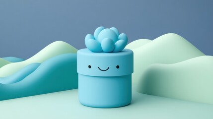 Poster - Cute light blue gift box with a small succulent plant on top, sitting on a pastel background with soft waves.