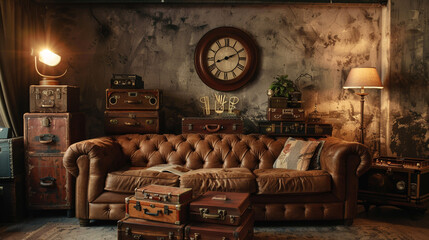 Wall Mural - A rustic living room featuring a weathered leather sofa, vintage suitcases stacked as a side table, an antique clock on the wall, and warm ambient lighting.