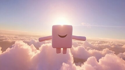 Poster - Cute, light pink, box-shaped character floats in a beautiful sky, among fluffy clouds, at sunrise or sunset.  Joyful, happy, peaceful expression.  3D render.