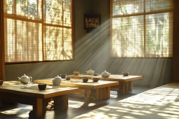 Aufkleber - Tranquil Korean tea room filled with sunlight and natural decor creates a serene atmosphere for relaxation. Generative AI