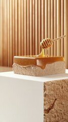 Wall Mural - Honey Dripping from Wooden Honey Dipper on Stone Block