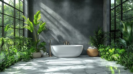 Poster - Sunlit modern bathroom with bathtub, plants, and large windows in a loft