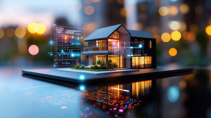 Poster - beautifully composed 3D model of smart home showcasing digital interfaces and data visualization, reflecting modern technology and innovation in architecture