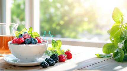 Poster - beautifully composed image of breakfast table featuring bowl of yogurt topped with fresh berries and mint leaves, with cup of tea in background