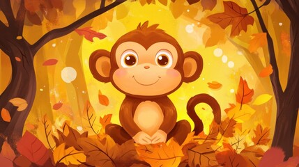 Wall Mural - Cute monkey sits amidst autumn leaves in a forest.