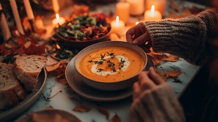 Cozy autumn dinner woman enjoying pumpkin soup