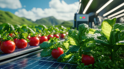 Poster - vibrant scene showcasing solar powered agriculture with fresh tomatoes and leafy greens thriving under sunlight. lush landscape enhances sustainable farming concept