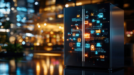 Poster - smart refrigerator with illuminated digital interface showcasing various features in modern setting. sleek design and vibrant lights create futuristic atmosphere