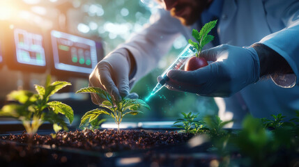 Poster - Scientist analyzing plants with syringe, focusing on growth and research. scene captures vibrant laboratory environment, showcasing innovation in agriculture