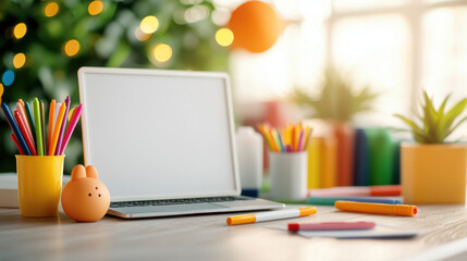Poster - bright workspace featuring laptop, colorful stationery, and plants, creating inviting atmosphere for creativity and productivity
