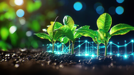 Poster - Growing plants with digital technology overlay, symbolizing innovation and sustainability. vibrant green leaves contrast with dark soil, creating harmonious blend of nature and technology