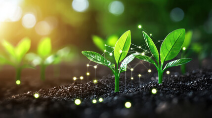 Poster - Growing plants with digital connections in soil, symbolizing technology and nature. vibrant green leaves and soil represent growth and innovation