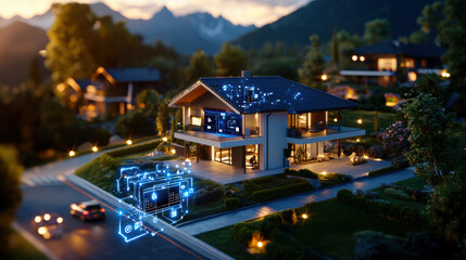 Poster - beautifully styled render of 3D smart home concept showcasing modern architecture and technology integration in serene landscape. image captures essence of innovation and comfort