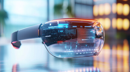 Fototapete - futuristic wearable augmented reality headset with sleek design, showcasing digital interfaces and vibrant colors. This innovative technology represents future of immersive experiences