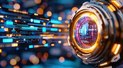 Aufkleber - futuristic lens with advanced robotics technology, glowing circuits, and vibrant colors creates captivating visual experience