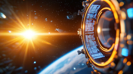 Poster - cinematic 3D render of futuristic space station orbiting Earth, illuminated by bright sun. scene captures beauty of space with vibrant colors and advanced technology