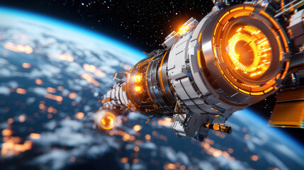 Fototapete - cinematic 3D render of futuristic space station orbiting Earth, showcasing intricate details and glowing elements against starry backdrop