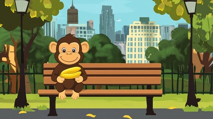 Poster - Cute monkey sitting on a park bench holding bananas in a city park setting.