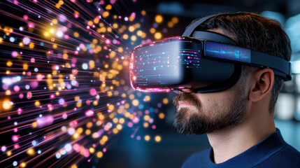 Poster - Immersive virtual reality experience with man wearing VR headset, surrounded by colorful digital effects and lights. scene captures excitement of technology