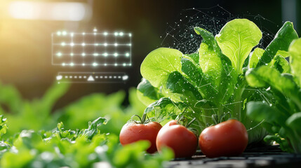 Leinwandbilder - Fresh vegetables growing in garden with digital sensors monitoring growth. image features vibrant lettuce and ripe tomatoes, showcasing modern agricultural technology