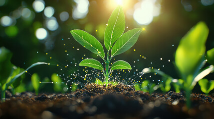 Aufkleber - vibrant green plant emerges from rich soil, surrounded by smaller plants, with sunlight filtering through leaves, creating magical atmosphere of growth and renewal