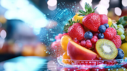 Aufkleber - vibrant holographic fruit market display featuring assorted fruits like strawberries, blueberries, and kiwis, showcasing blend of technology and nature